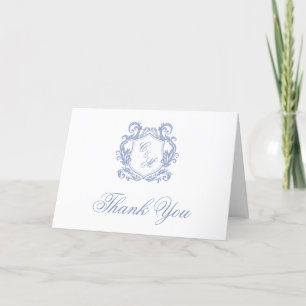 Tarjeta De Agradecimiento Elegante Boda de Cresta Monograma Azul Polvoriento