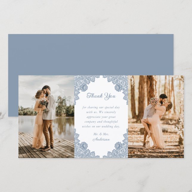 Tarjeta De Agradecimiento Elegante Boda de encaje floral azul turquesa (Anverso / Reverso)