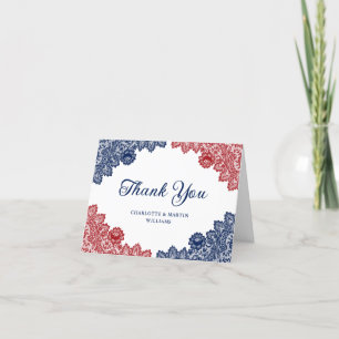 Tarjeta De Agradecimiento Elegante Boda de encaje floral azul y rojo de la M