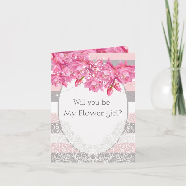 Tarjeta De Agradecimiento Elegante Boda de encaje floral rosa y gris (Anverso)