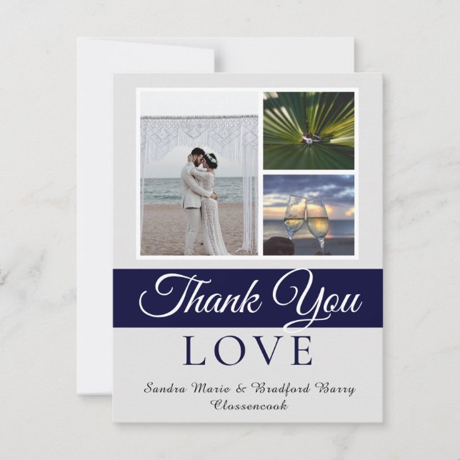 Tarjeta De Agradecimiento Elegante Boda de escritura azul de la marina (Anverso)