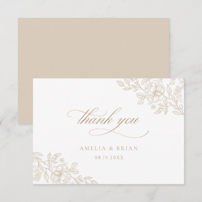 Tarjeta De Agradecimiento Elegante Boda de escritura de oro floral beige vin (Anverso / Reverso)
