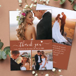 Tarjeta De Agradecimiento Elegante Boda de escritura de terracota de 3 Colla<br><div class="desc">Minimalista Moderno Boho Elegante Script 3 Collage de fotos Terracotta Boda Gracias Tarjeta. Elegante plantilla de tarjeta de agradecimiento boda con 3 (3) fotos en la parte delantera y 1 (1) foto en la parte posterior. Con el texto "Gracias" en una letra de escritura tipográfica con letras a mano rápida...</div>