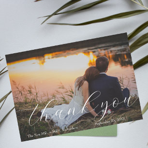 Tarjeta De Agradecimiento Elegante Boda de escritura moderna fotográfica Gra
