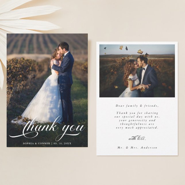 Tarjeta De Agradecimiento Elegante Boda de escritura romántica 2 Foto (Front & Back)