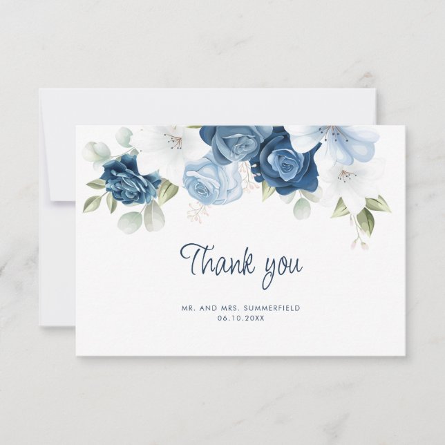 Tarjeta De Agradecimiento Elegante Boda de Eucaliptus Floral Azul Dusty (Anverso)