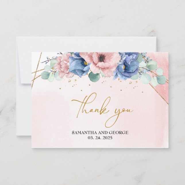 Tarjeta De Agradecimiento Elegante Boda de Eucaliptus y Rosas Azul Dusty (Anverso)