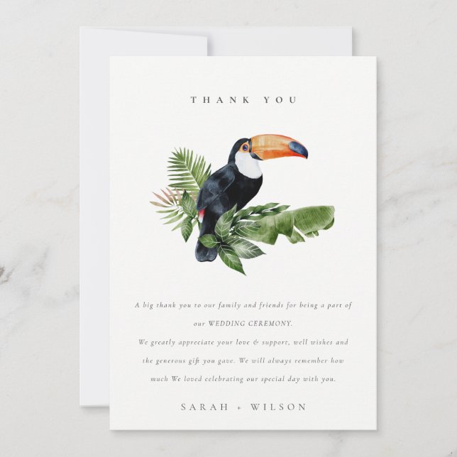 Tarjeta De Agradecimiento Elegante Boda de Fauna Tropical Tropical Toucan (Anverso)