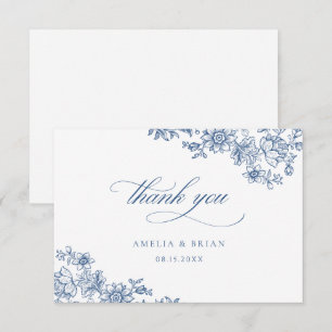 Tarjeta De Agradecimiento Elegante Boda de Floral Royal Blue Script