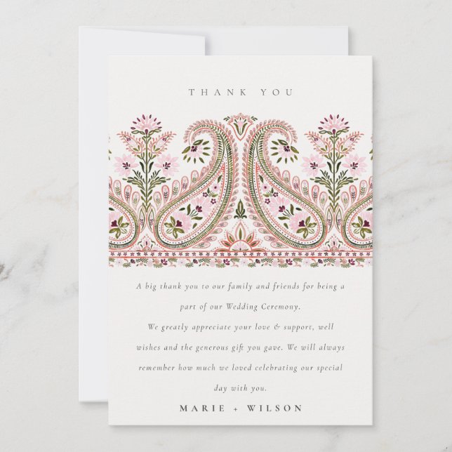 Tarjeta De Agradecimiento Elegante Boda de Floral Verde Rosa Paisley Motif (Anverso)