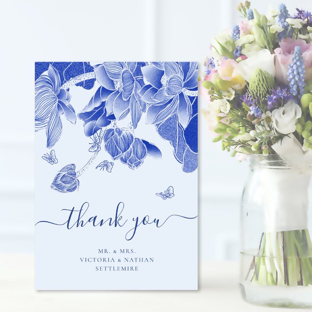 Tarjeta De Agradecimiento Elegante Boda de Flores de Mariposa Azul (Subido por el creador)