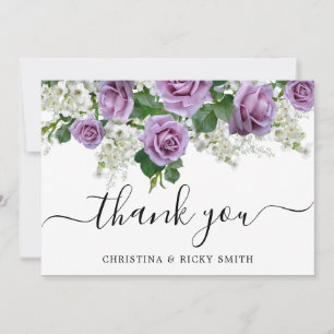 Tarjeta De Agradecimiento Elegante Boda de flores de rosa morado Bouquet