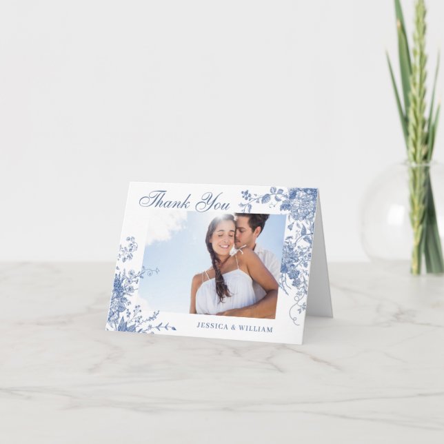 Tarjeta De Agradecimiento Elegante Boda de flores del jardín francés azul (Anverso)