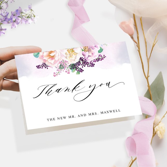 Tarjeta De Agradecimiento Elegante Boda de flores moradas alegres doblado (Subido por el creador)