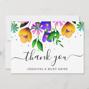 Tarjeta De Agradecimiento Elegante Boda de flores rosadas y moradas amarilla