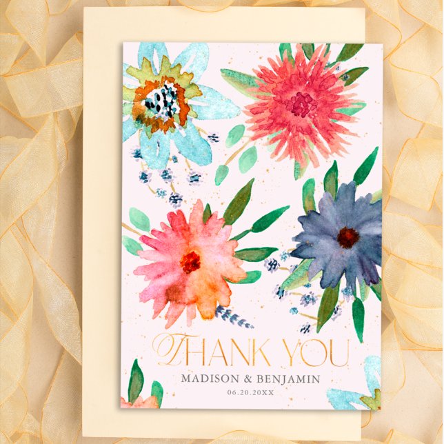 Tarjeta De Agradecimiento Elegante Boda de flores silvestres de oro rosado (Front)