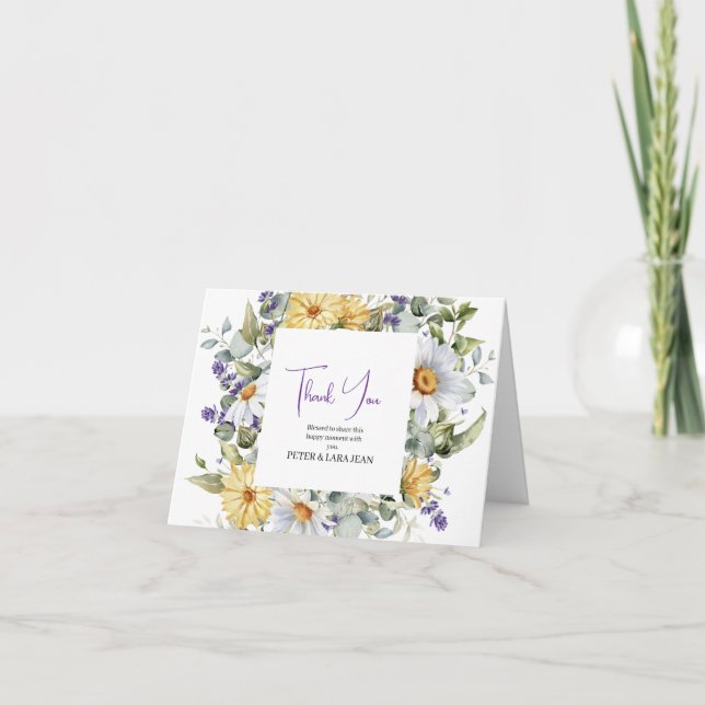Tarjeta De Agradecimiento Elegante Boda de flores silvestres moradas amarill (Anverso)