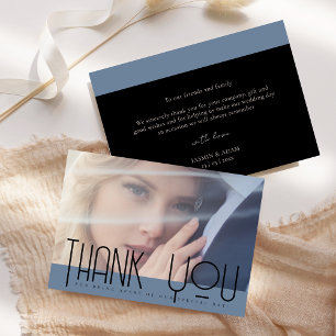 Tarjeta De Agradecimiento Elegante boda de foto azul polvoriento negro