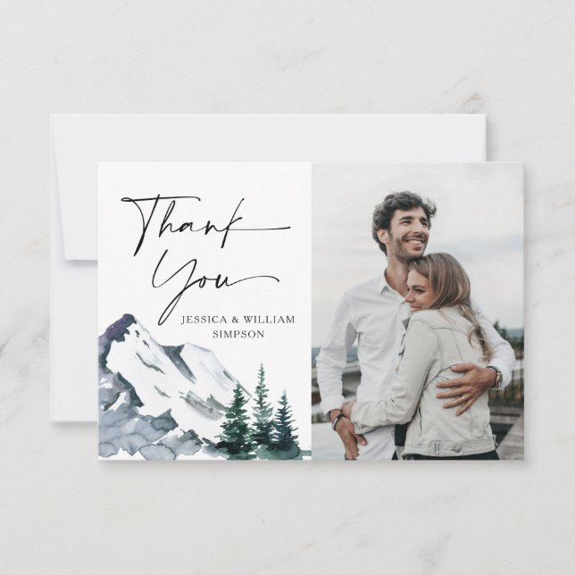 Tarjeta De Agradecimiento Elegante Boda de FOTO del bosque de las montañas a (Anverso)