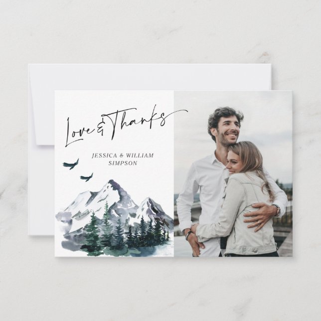 Tarjeta De Agradecimiento Elegante Boda de FOTO del bosque de las montañas a (Anverso)