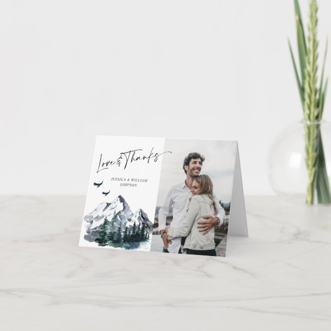 Tarjeta De Agradecimiento Elegante Boda de FOTO del bosque de las montañas a (Anverso)