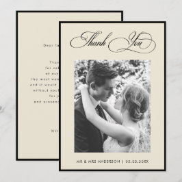 Tarjeta De Agradecimiento Elegante Boda de Foto Vintage Marfil y Negro Front