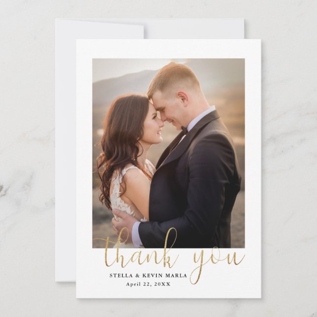 Tarjeta De Agradecimiento Elegante Boda de fotografía de caligrafía de oro (Anverso)
