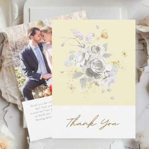 Tarjeta De Agradecimiento Elegante Boda de fotografía floral blanca amarilla