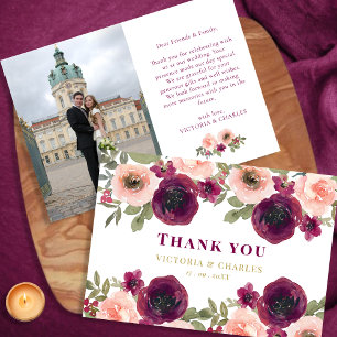 Tarjeta De Agradecimiento Elegante Boda de fotografía floral de color burdeo