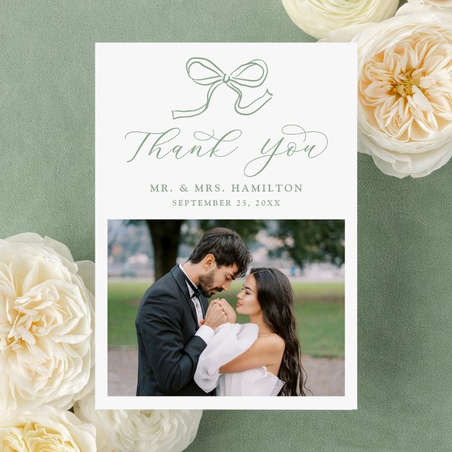 Tarjeta De Agradecimiento Elegante Boda de fotografía Sage Green Bow (Subido por el creador)