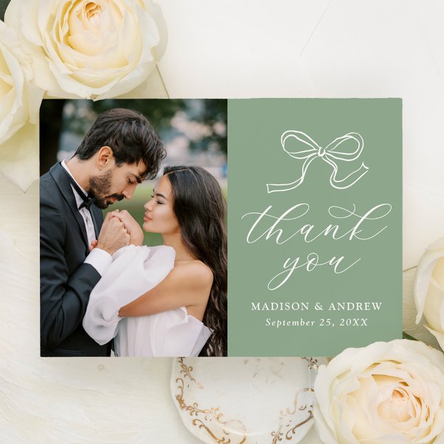 Tarjeta De Agradecimiento Elegante Boda de fotografía verde Bow Sage (Subido por el creador)