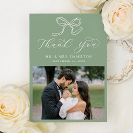 Tarjeta De Agradecimiento Elegante Boda de fotografía verde Bow Sage