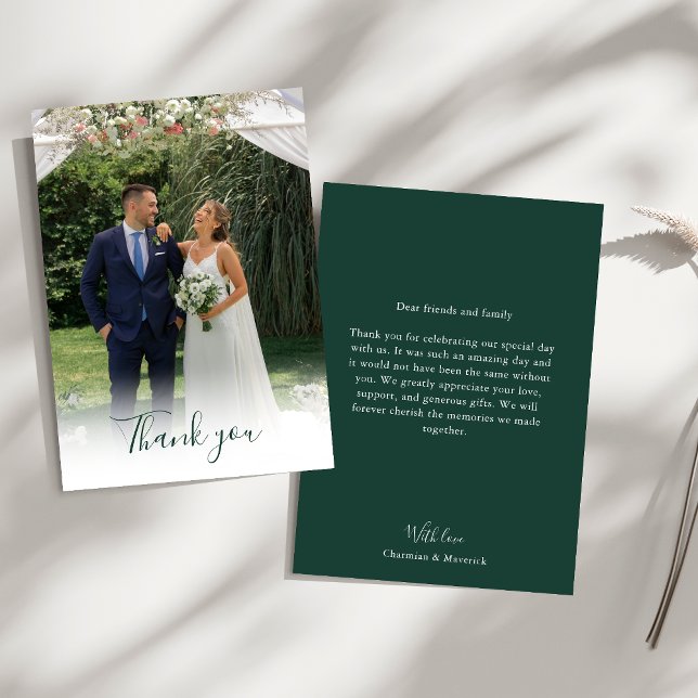 Tarjeta De Agradecimiento Elegante Boda de fotografías de guion verde esmera (Subido por el creador)