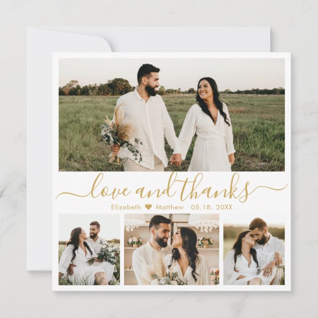 Tarjeta De Agradecimiento Elegante Boda de fotografías en blanco y dorado (Anverso)