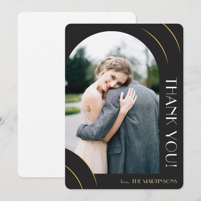 Tarjeta De Agradecimiento Elegante Boda de fotografías en negro y oro (Anverso / Reverso)
