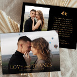 Tarjeta De Agradecimiento Elegante Boda de fotografías en negro y oro | Aves<br><div class="desc">Esta elegante y elegante tarjeta plana de agradecimiento para bodas cuenta con una plantilla de fotos de sangrado completo en la parte delantera, junto con una simple tipografía que dice "Amor y Gracias" en un falso Relieve metalizado de oro. Un degradado oscuro sobre la parte inferior permite que el texto...</div>