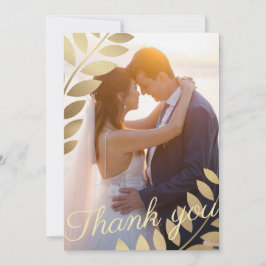 Tarjeta De Agradecimiento Elegante Boda de fotos de hojas tropicales de oro