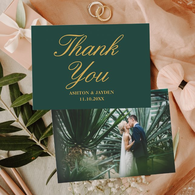 Tarjeta De Agradecimiento Elegante Boda de fotos de oro verde esmeralda (Elegant Emerald Green Gold Photo Wedding Thank You Card
)