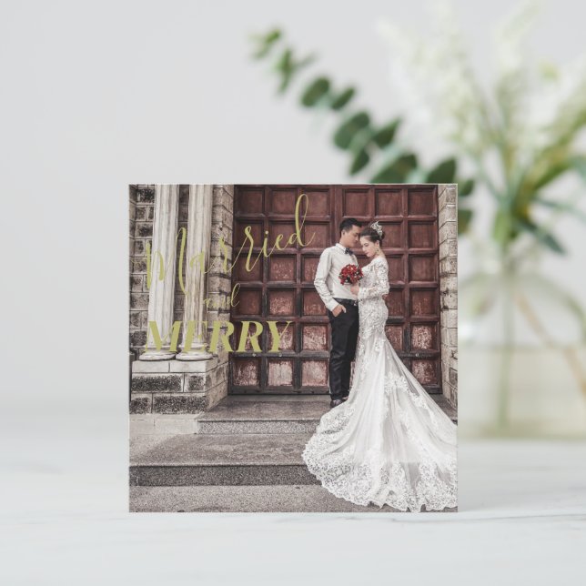 Tarjeta De Agradecimiento Elegante Boda de fotos Merry y casado (Anverso de pie)