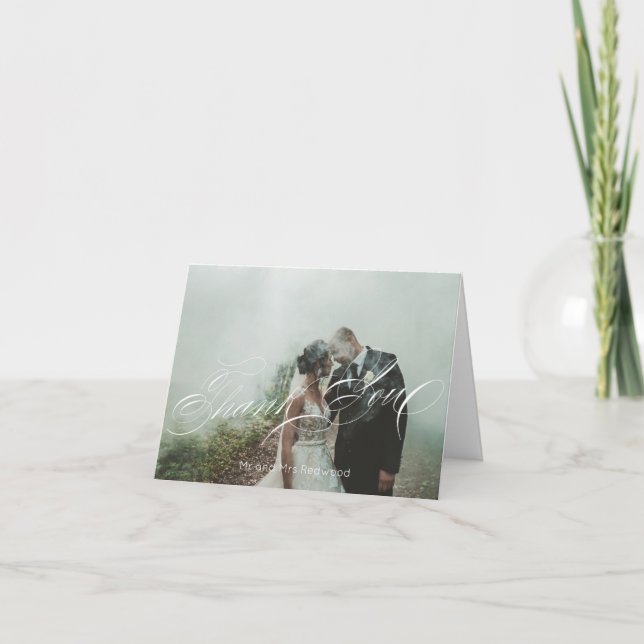 Tarjeta De Agradecimiento Elegante Boda de fotos personalizado de guión (Anverso)