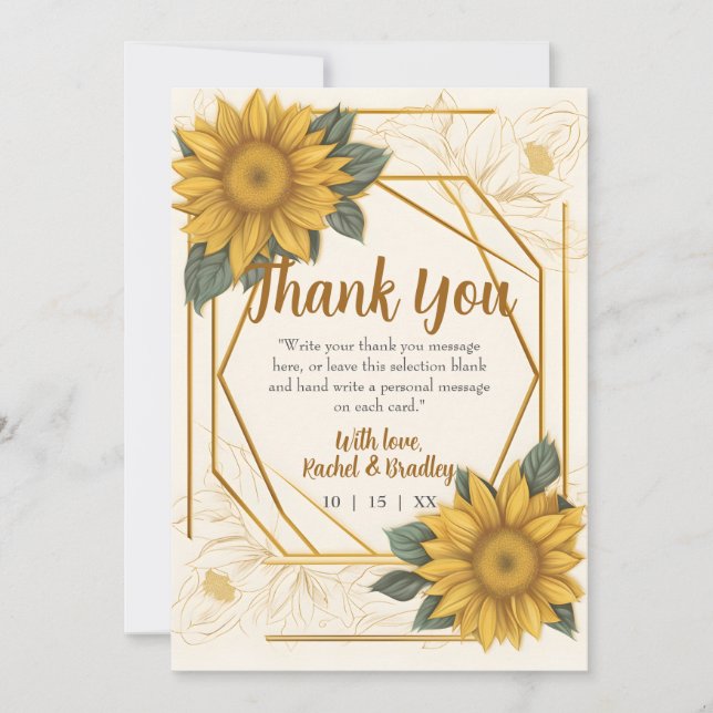 Tarjeta De Agradecimiento Elegante Boda de girasol Línea de dibujo Marco dor (Anverso)