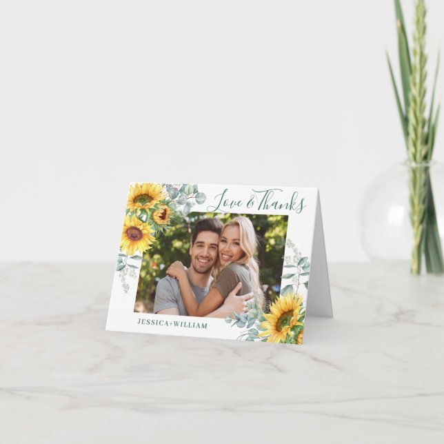 Tarjeta De Agradecimiento Elegante Boda de girasoles Eucalipto FOTO (Anverso)