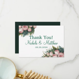 Tarjeta De Agradecimiento Elegante Boda de guijarros rosados de corona verde