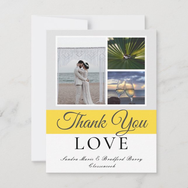 Tarjeta De Agradecimiento Elegante Boda de guión amarillo gris collage de fo (Anverso)