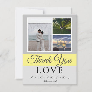 Tarjeta De Agradecimiento Elegante Boda de guión amarillo gris collage de fo