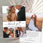 Tarjeta De Agradecimiento Elegante Boda de guión de caligrafía de Collage de<br><div class="desc">Tarjeta De Agradecimiento minimalista Moderno Script 3 Collage de fotos Boda. Elegante plantilla de tarjeta de agradecimiento boda con 3 (3) fotos en la parte delantera y 1 (1) foto en la parte posterior. Con el texto "Gracias" en una letra de escritura tipográfica con letras a mano rápida con cola...</div>