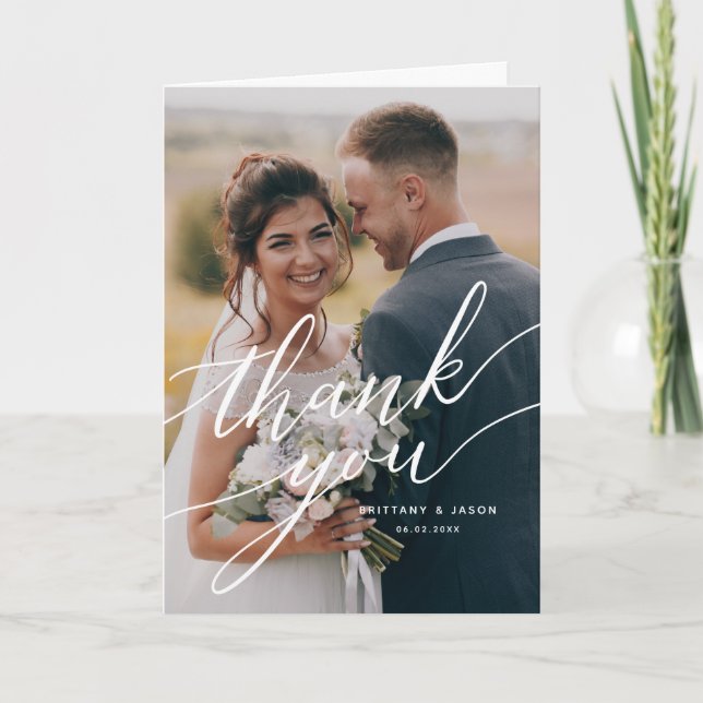Tarjeta De Agradecimiento Elegante Boda de guión superpuesto (Anverso)