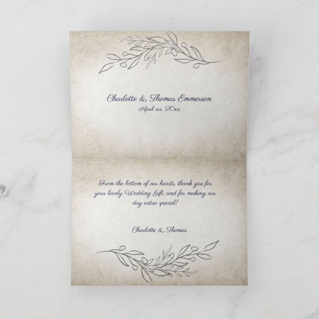 Tarjeta De Agradecimiento Elegante Boda de guiones de hojas blandas (Interior)