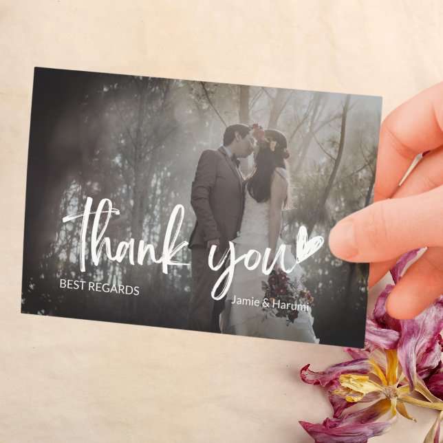 Tarjeta De Agradecimiento Elegante Boda de guiones gráficos negro y gris de  (Elegant Black and Grey 2 Photo Script Wedding Thank You Card)