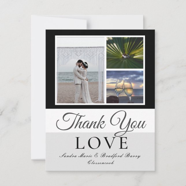 Tarjeta De Agradecimiento Elegante Boda de guiones grises negros (Anverso)